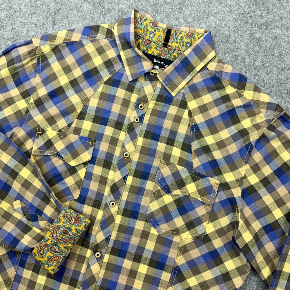 Rock Roll-n-Soul Shirt Mens XL Blue Yellow Plaid Flip Cuff Western Long Sleeve